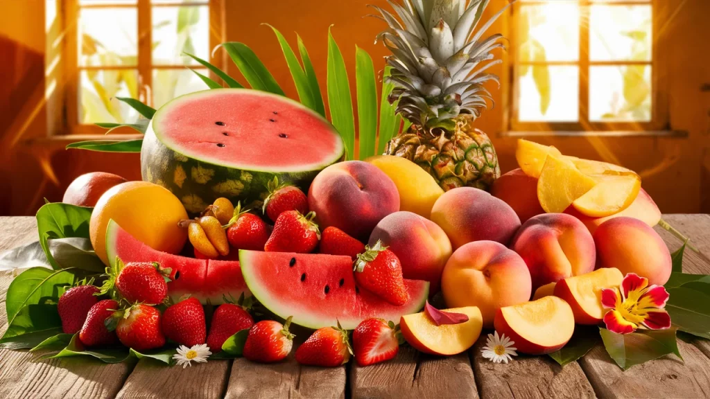 A vibrant and bountiful display of summer fruits, including ripe strawberries, juicy watermelon, sweet peaches, and golden pineapples. The fruits are arranged on a rustic wooden table, surrounded by fresh green leaves and a few colorful, tropical flowers. The warm sunlight streams through the windows, casting a golden glow on the fruits, making them look even more tempting and delicious.